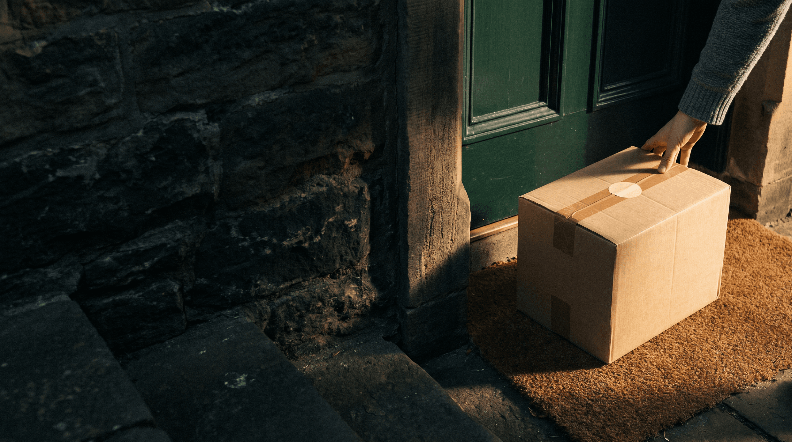 A Fieldmark parcel on a doormat at first light, a hand reaching for it